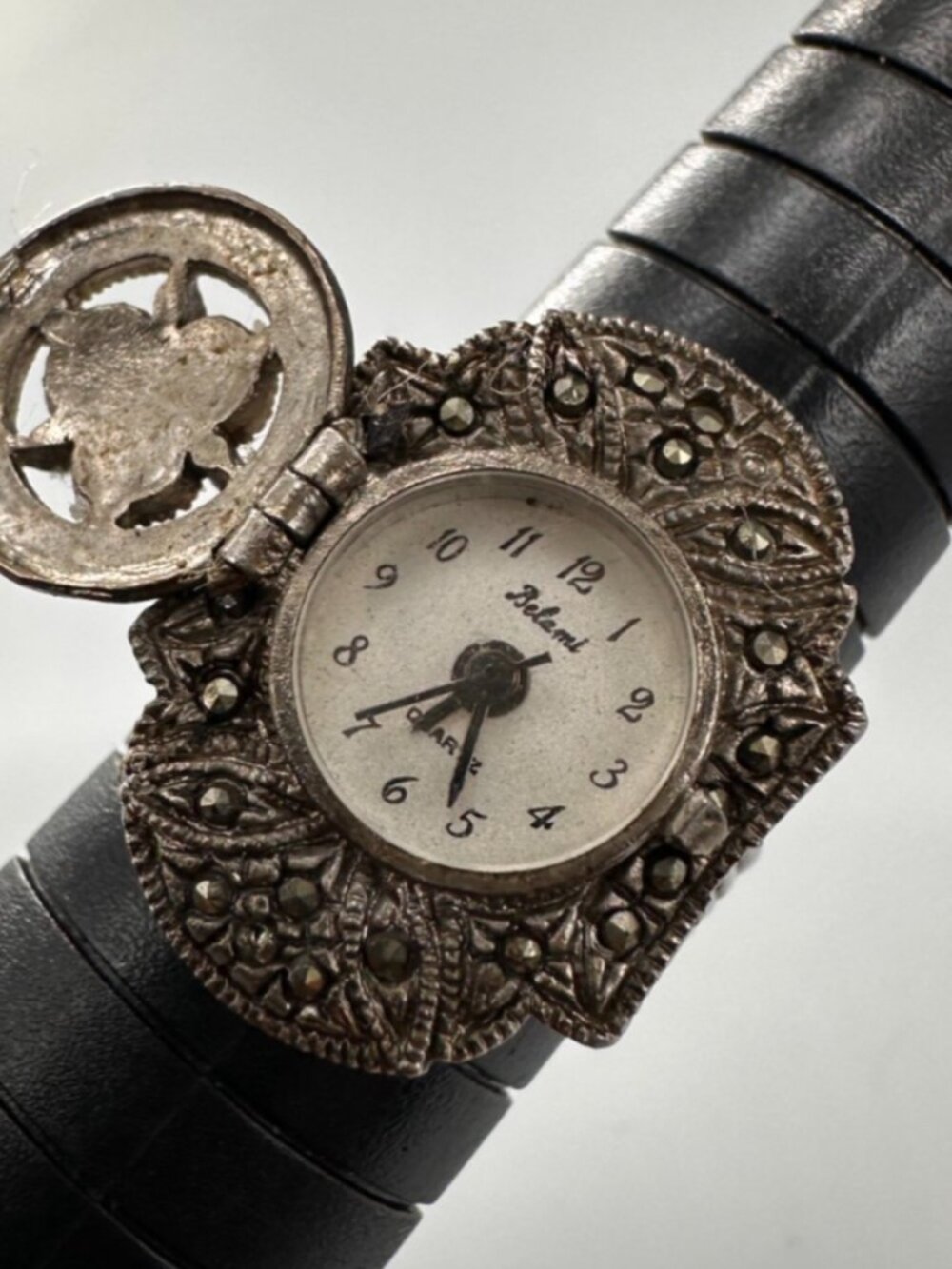 Vintage Belami Ring Watch Hidden Dial Marcasite Accents Adjustable NOT WORKING